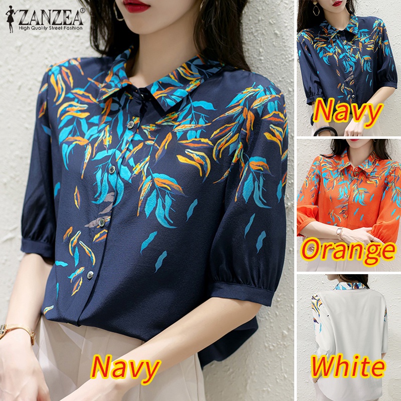 Áo sơ mi ZANZEA tay lửng cổ bẻ in họa tiết thanh lịch thời trang dành cho nữ