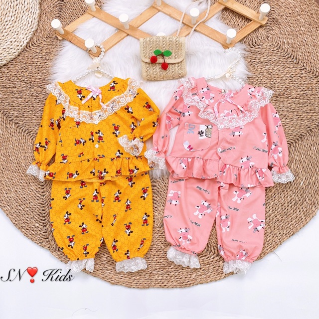 Bộ pijama thô phối ren ngực siêu chảnh cho bé gái - BPR