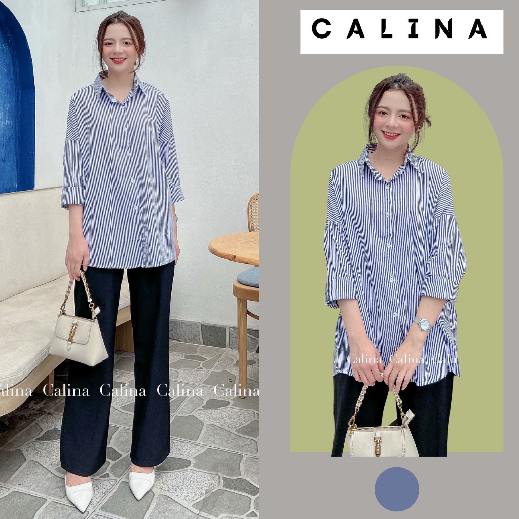 Áo Sơ Mi Nữ Dài Tay Calina kẻ sọc xanh form rộng dưới 58kg, áo sơ mi thủy thủ dáng ulzzang thô đũi mỏng Aosomikesoc9068