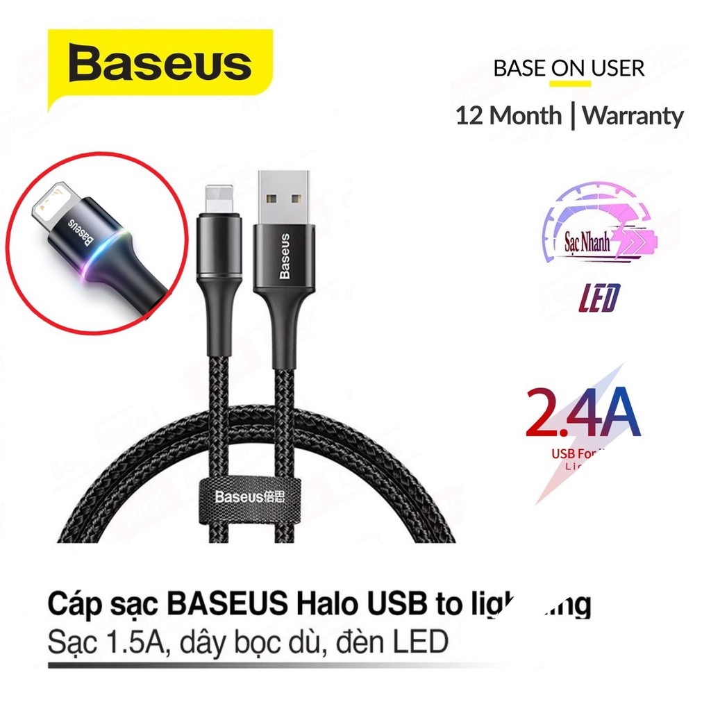 [Mã ELMS10 giảm 6% đơn 50K] Cáp sạc BASEUS Halo Data USB to dành cho ip/tablet sạc nhanh dây bọc dù,có đèn LED khi sạc