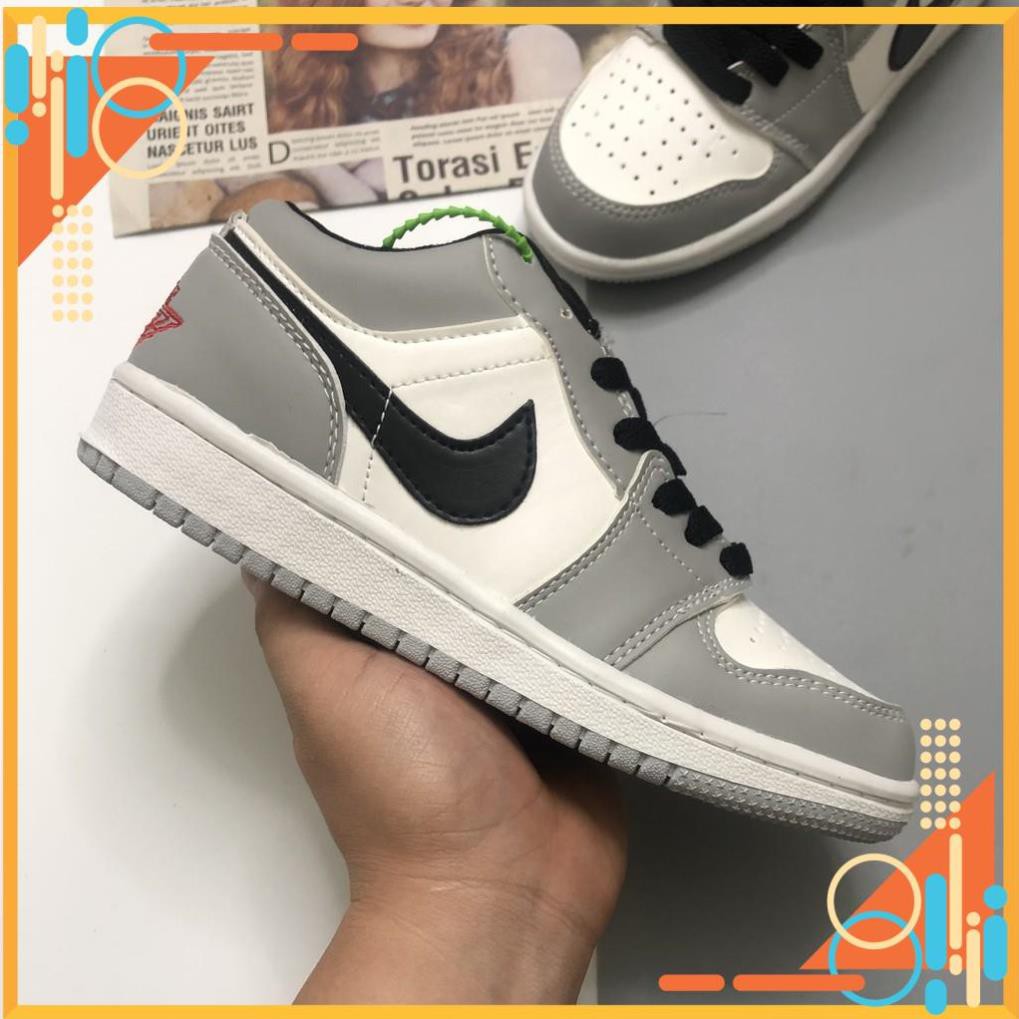 Giày Jordan 1, Giày Sneaker JD1 Xám Cổ Thấp Gót Dio Chỉ Đỏ, Đế Khâu Cao Cấp Nhất Full Size Nam Nữ | JDAXCD01