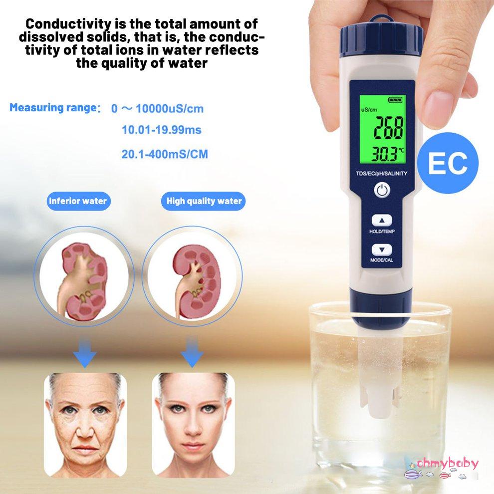 Máy đo nhiệt độ độ mặn 5 trong 1 TDS EC PH Máy đo kỹ thuật số Độ chính xác cao Bút thử [8/6]