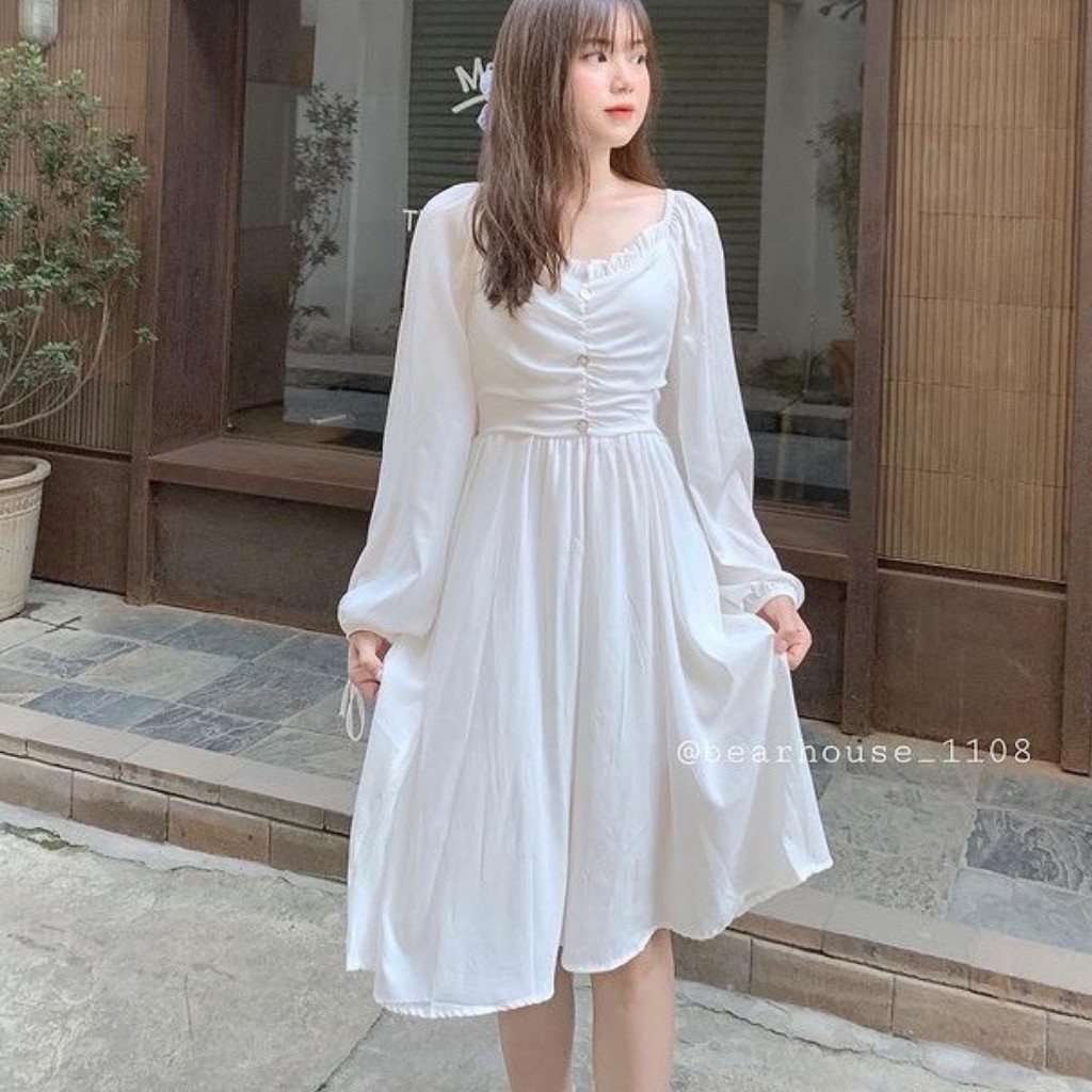 Váy trắng dáng xòe dài tay / Váy công chúa xinh xắn cổ nhún