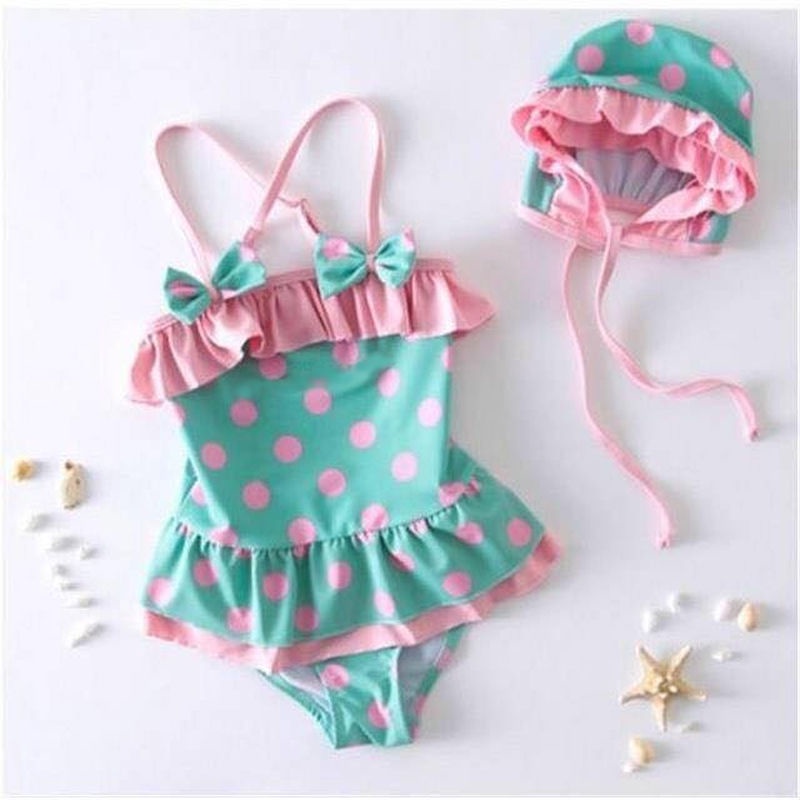 Bộ Đồ Bơi Một Mảnh Hai Dây Họa Tiết Chấm Bi Màu Xanh Lá Hồng Phong Cách Hàn Quốc Dành Cho Bé Gái