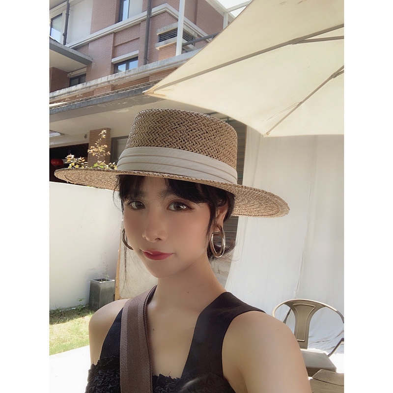 Mũ cói nữ mũ gaucho gắn ruy băng xếp nếp đai trắng đen form cứng hàng QC hot 2022