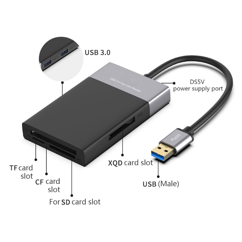 Pc 6 In 1 High Speed Usb 3.0 2 Port Hub Adapter To Xqd / Cf / For Sd / Tf