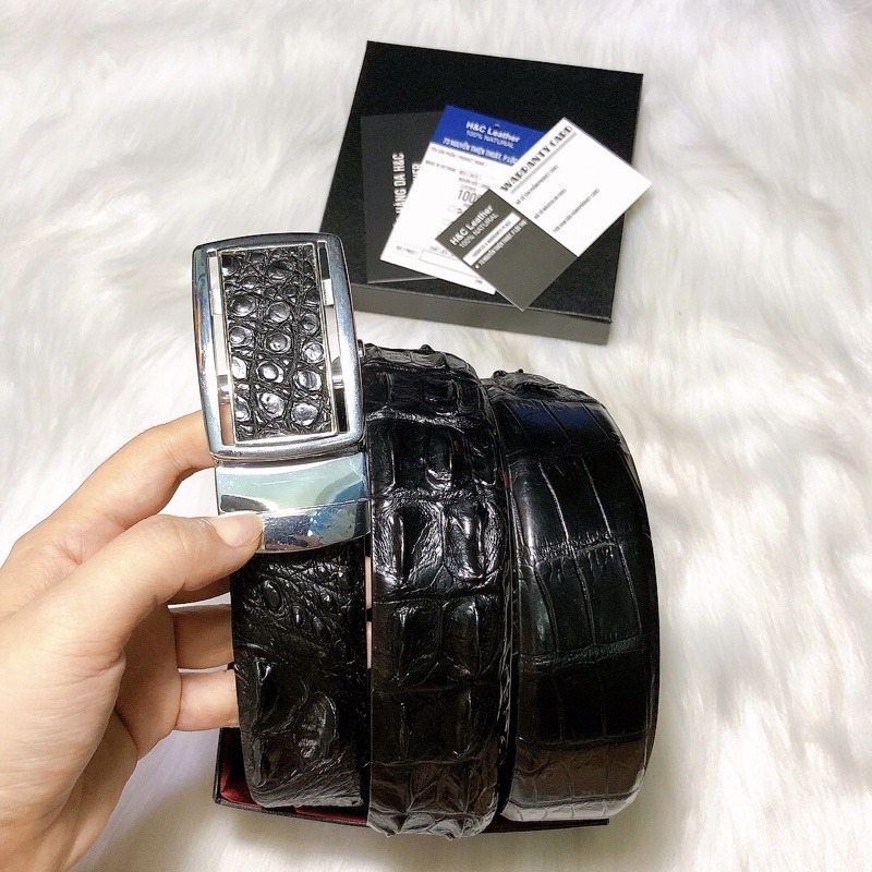 Dây thắt lưng da cá sấu thật, 3.8 cm, màu đen, da lưng cá sấu, đầu nịt tự động