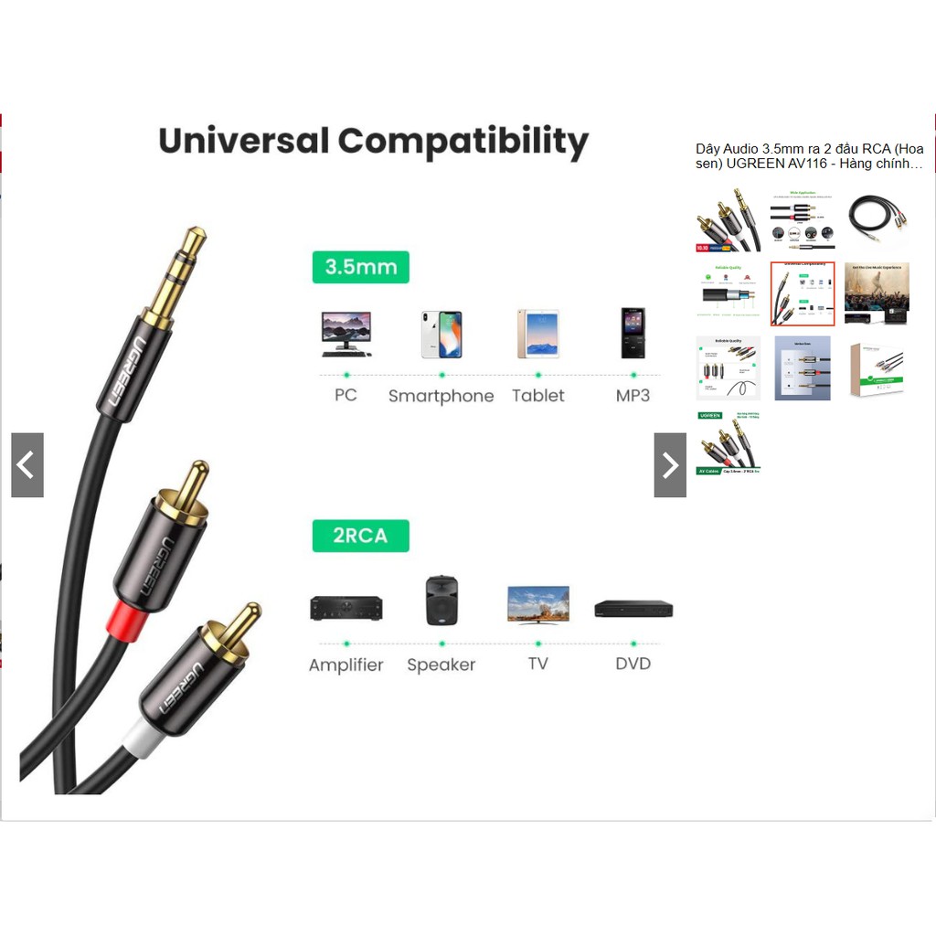 Dây Audio 3.5mm ra 2 đầu RCA (Hoa sen) UGREEN AV116 - Hàng chính hãng