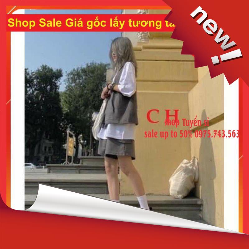 (RẺ VÔ ĐỊCH)Sét đồ nữ 3 Món Gồm Áo Gile + Áo Thun Form Rộng Tay Lỡ + Quần Short Xám Siêu Hot Hit Unisex