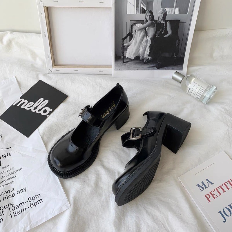 Giày búp bê có quai cao gót đen vintage công chúa ulzzang Hàn Quốc [Yannie]