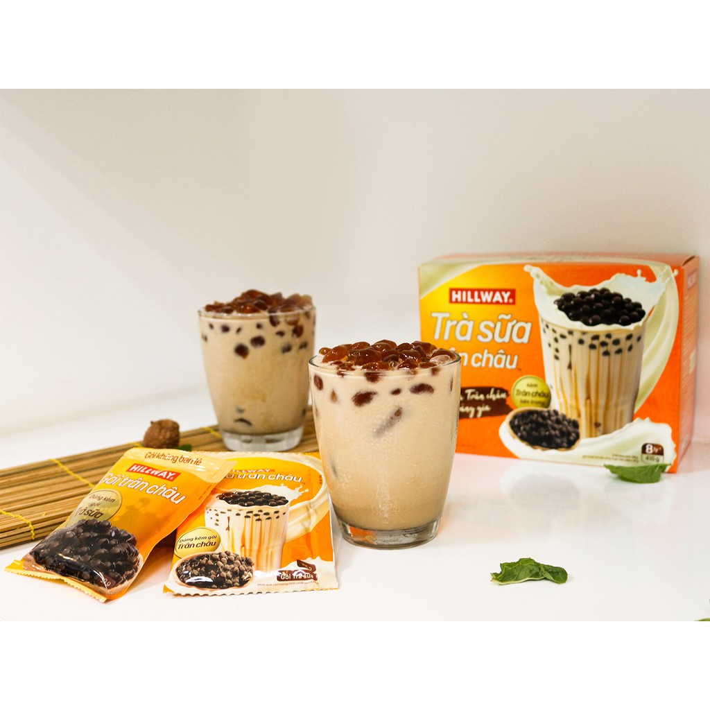Hộp Trà Sữa Trân Châu Hoàng Gia Hillway kèm Trân châu bên trong 8 gói/hộp.