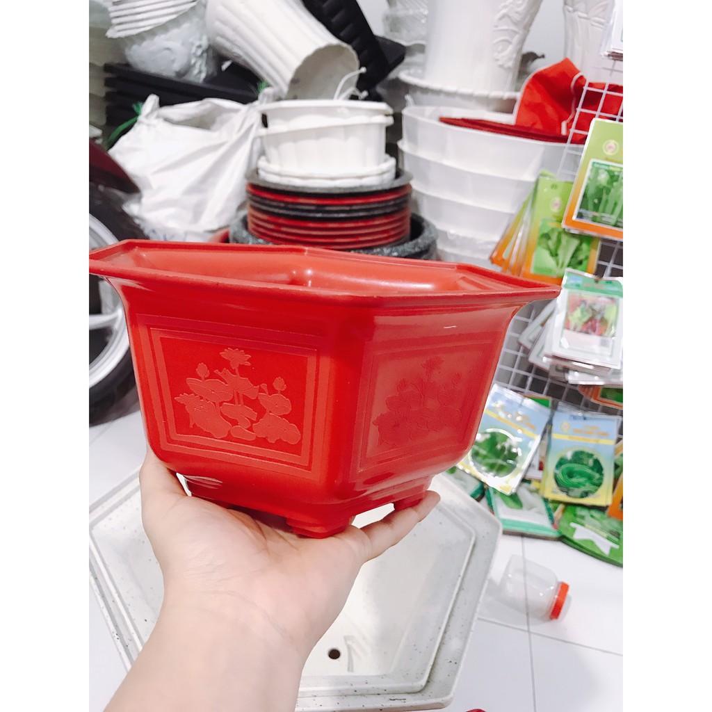 Chậu nhựa lục giác đỏ - Hoa văn in nổi