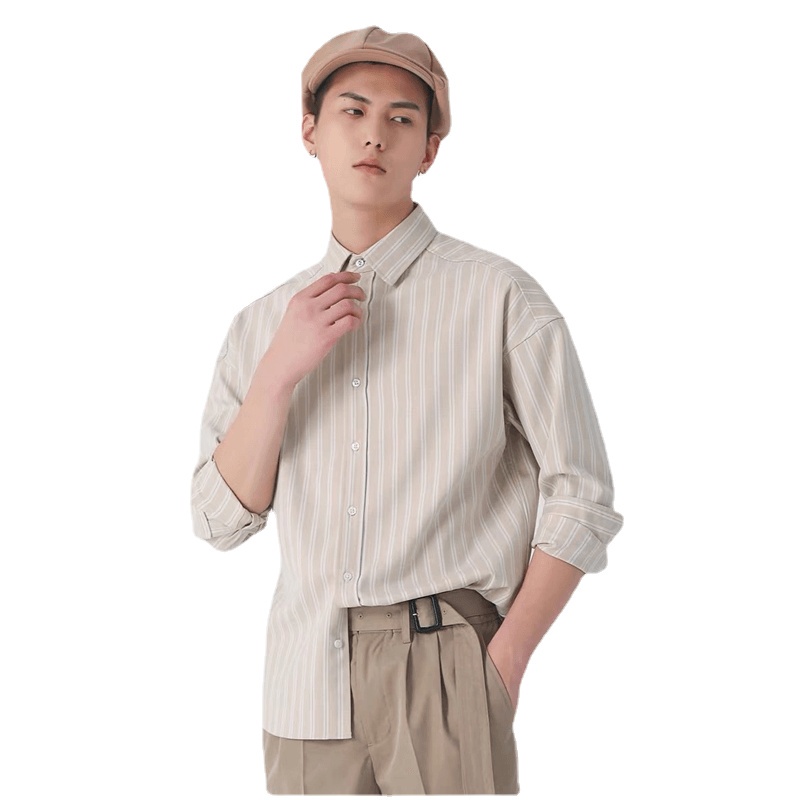 Áo Sơ Mi Tay Dài Dáng Rộng Thoáng Khí Họa Tiết Kẻ Sọc Phong Cách Hip Hop Hàn Quốc Thời Trang Cho Nam