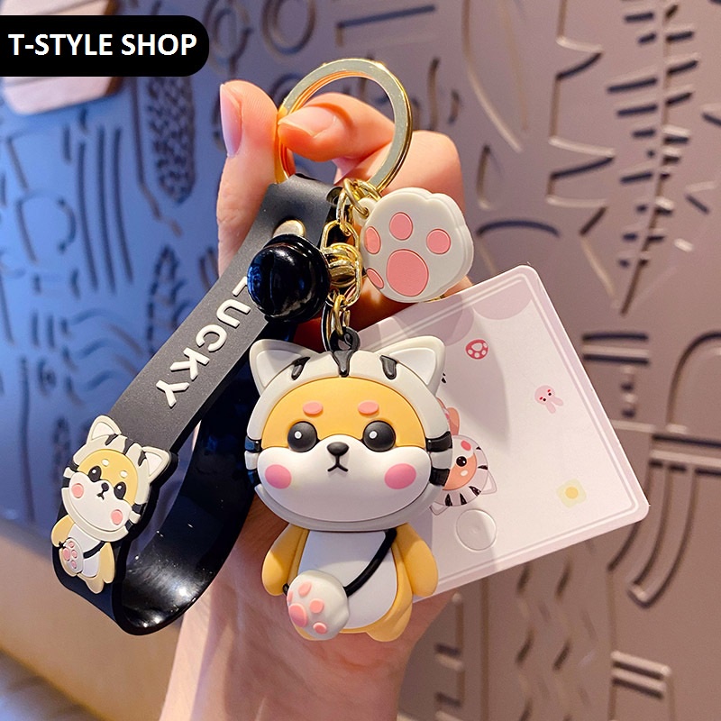 Móc khóa Chó shiba áo khủng long, hổ, heo, thỏ, mèo cute