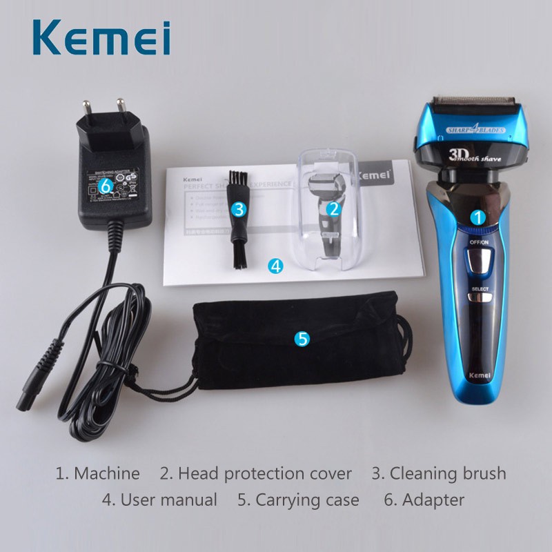 Máy Cạo Râu Điện Kemei Thiết Kế Nổi 3D 4 Lưỡi Dao Chuyển Động Qua Lại Sạc Được Chống Thấm Nước Màn Hình LCD