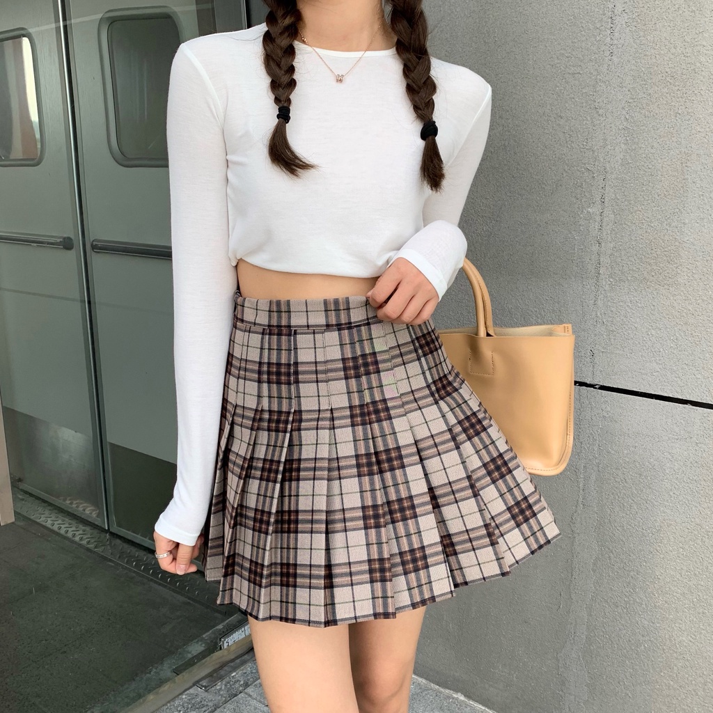 SUXI Chân Váy Chữ A Lưng Cao Họa Tiết Sọc Caro Phong Cách Hàn Quốc Cho Nữ