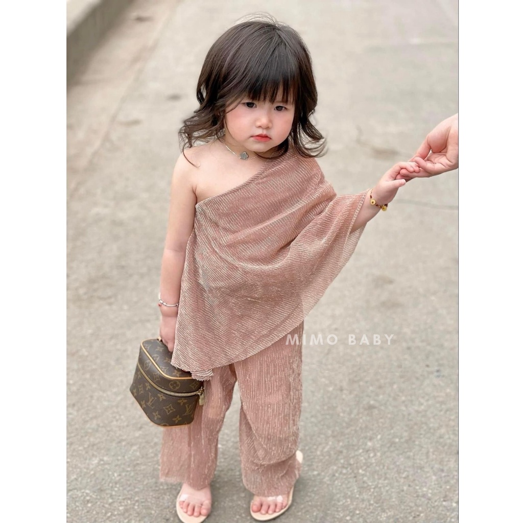 Set áo váy lệch vai voan nhũ dập ly đáng yêu cho bé gái Mimo baby QA20