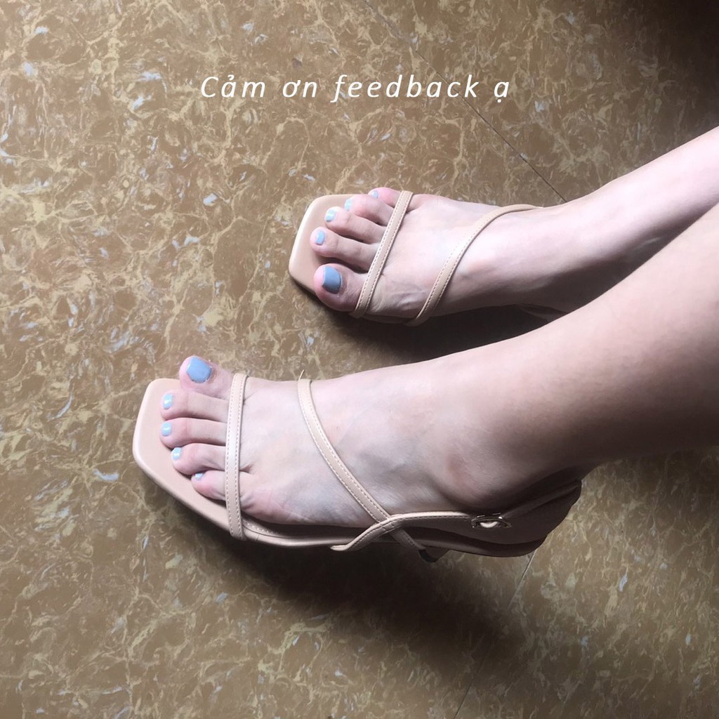 Giày sandal cao gót HISHOO mũi vuông phối dây cao 7cm màu nude S165