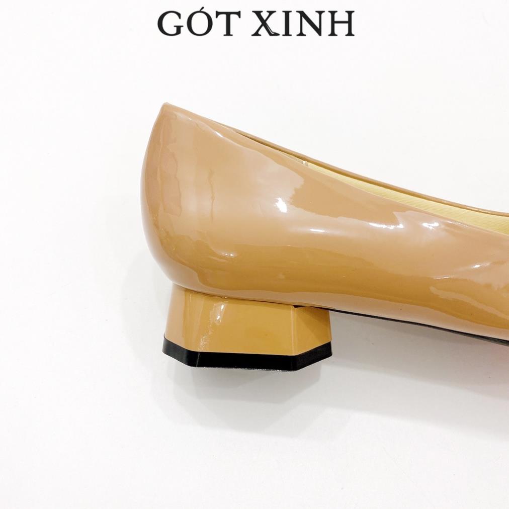 Giày cao gót bít mũi nữ 3cm GÓT XINH G18 màu nâu da mềm đế vuông phối nơ @