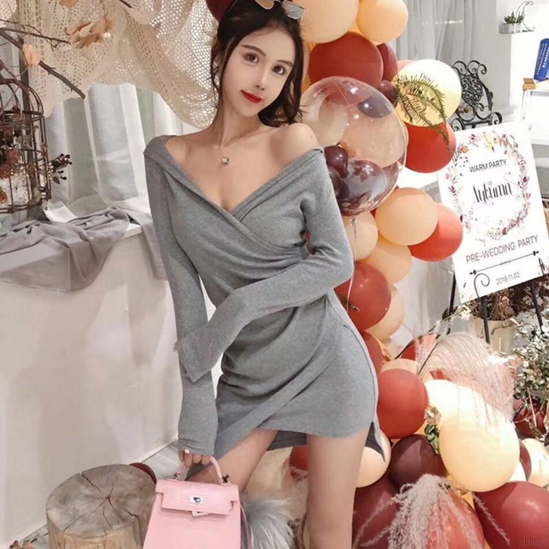 Váy tay dài cổ chữ V màu trơn quyến rũ thời trang cho nữ