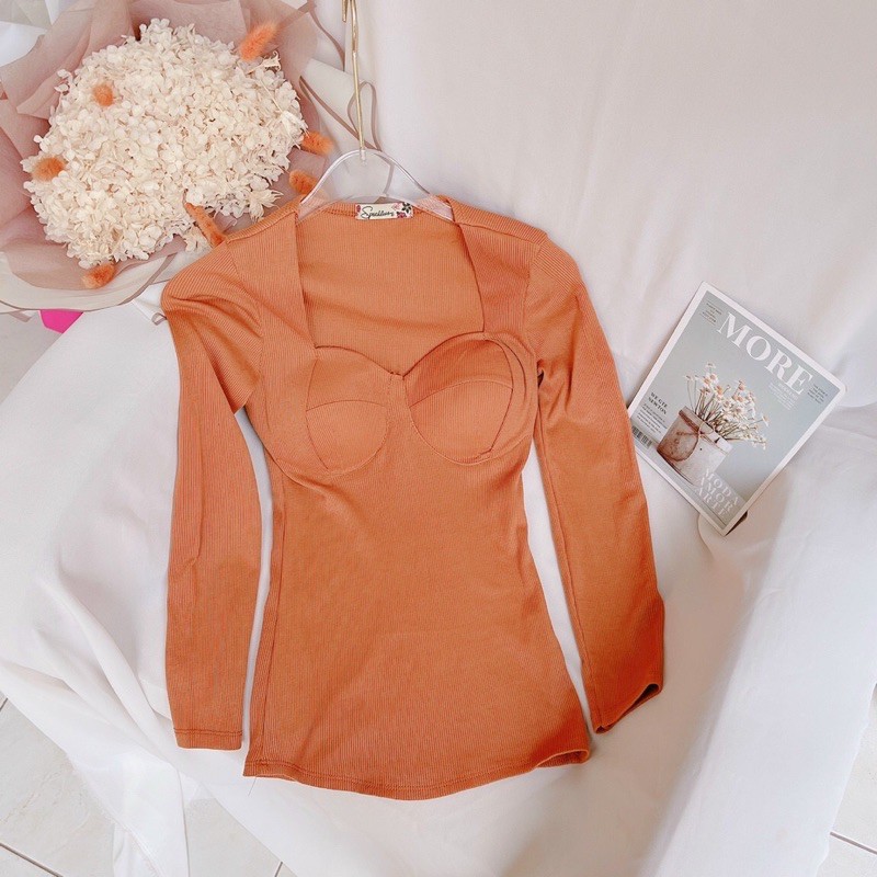 Áo thun borip dài tay cổ vuông có mút ngực  (video)🌱🌱🌱u