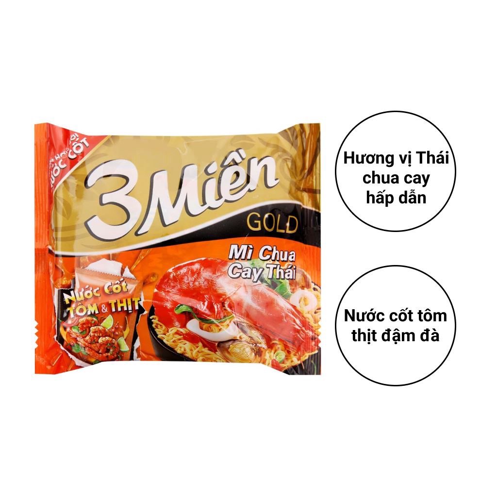 Thùng 30 gói Mì 3 Miền Gold tôm chua cay / bò hầm rau thơm / tôm chua cay thái