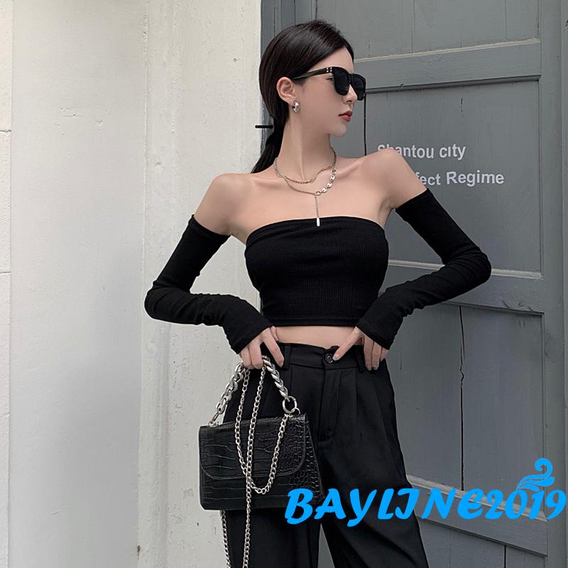 Áo Lửng Không Dây Ôm Dáng Màu Trơn/Xám/Trắng/Đen Cho Nữ