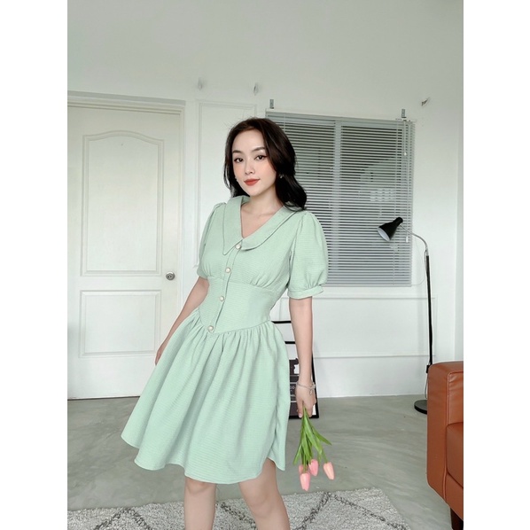 (có bigsize ) đầm xoè bo eo cổ nhọn buộc nơ ở đằng sau ạ