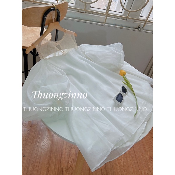 [Ảnh thật/Video]Áo babydoll trễ vai tiểu thư màu trắng xoè đính hạt  ngọc Áo trễ vai Hàn Quốc