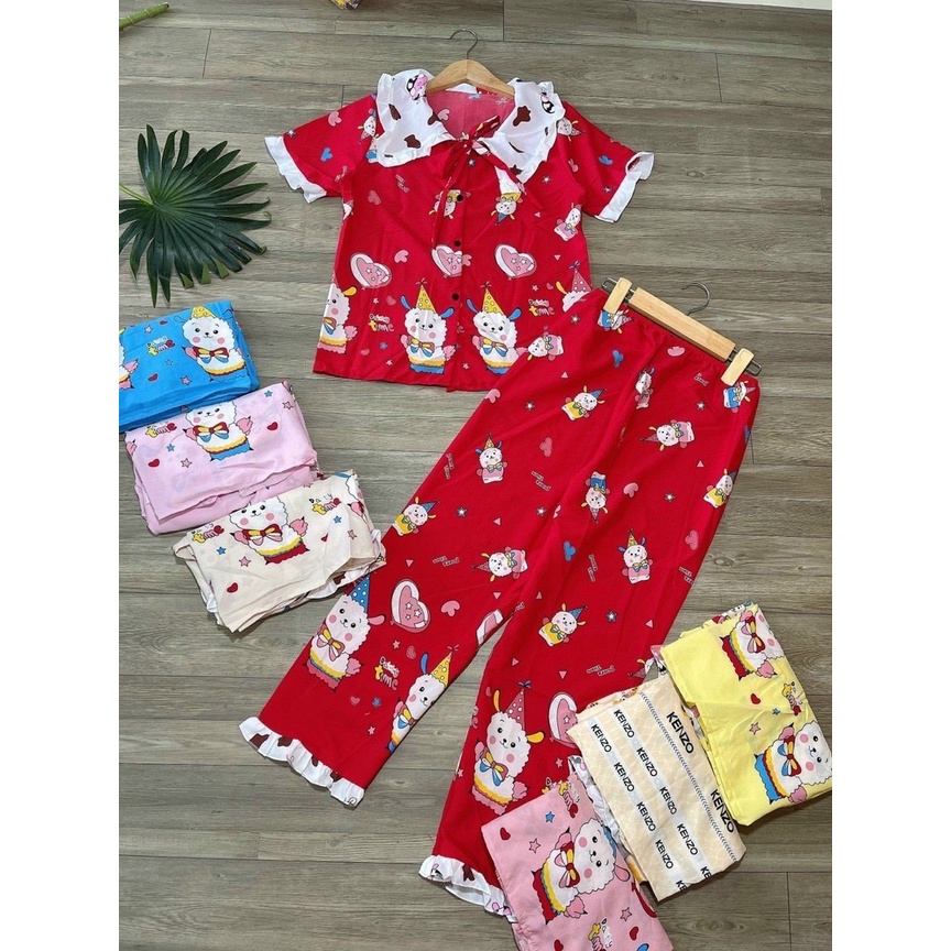 Bộ Đồ Ngủ Lụa HÀN pijama quần dài tay ngắn mặc nhà cute hoạ tiết gấu mi nhon, áo cột dây dễ thương