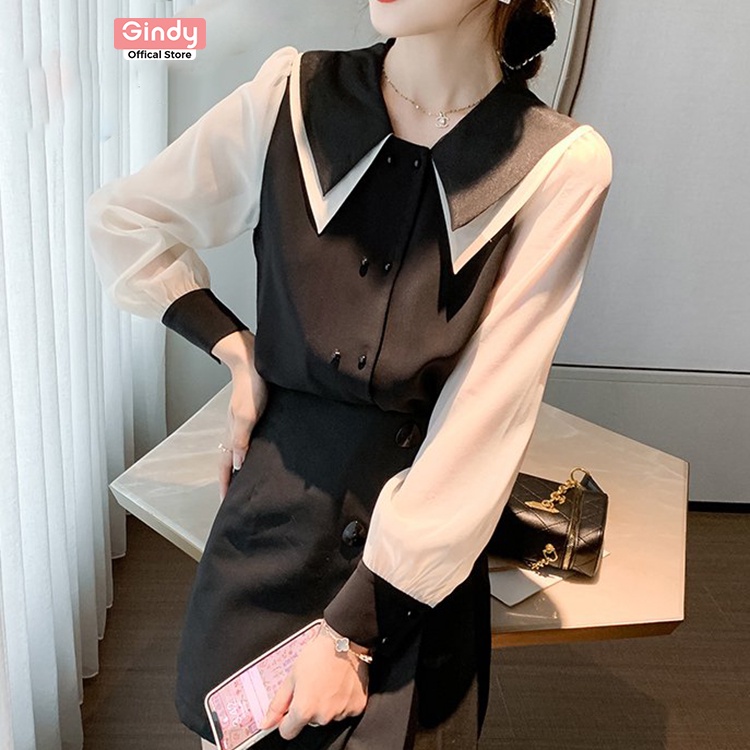 Áo sơ mi Hàn Quốc nữ GINDY lụa voan cổ bẻ hai lớp dài tay dáng basic trơn thời trang nữ công sở, học sinh A031
