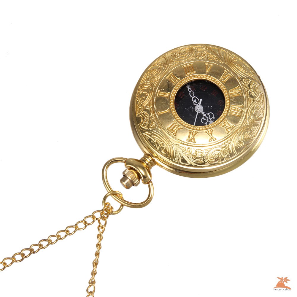 #Đồng hồ bỏ túi# Men Women Quartz Pocket Watch Golden Rome Number Carved Case with Chain