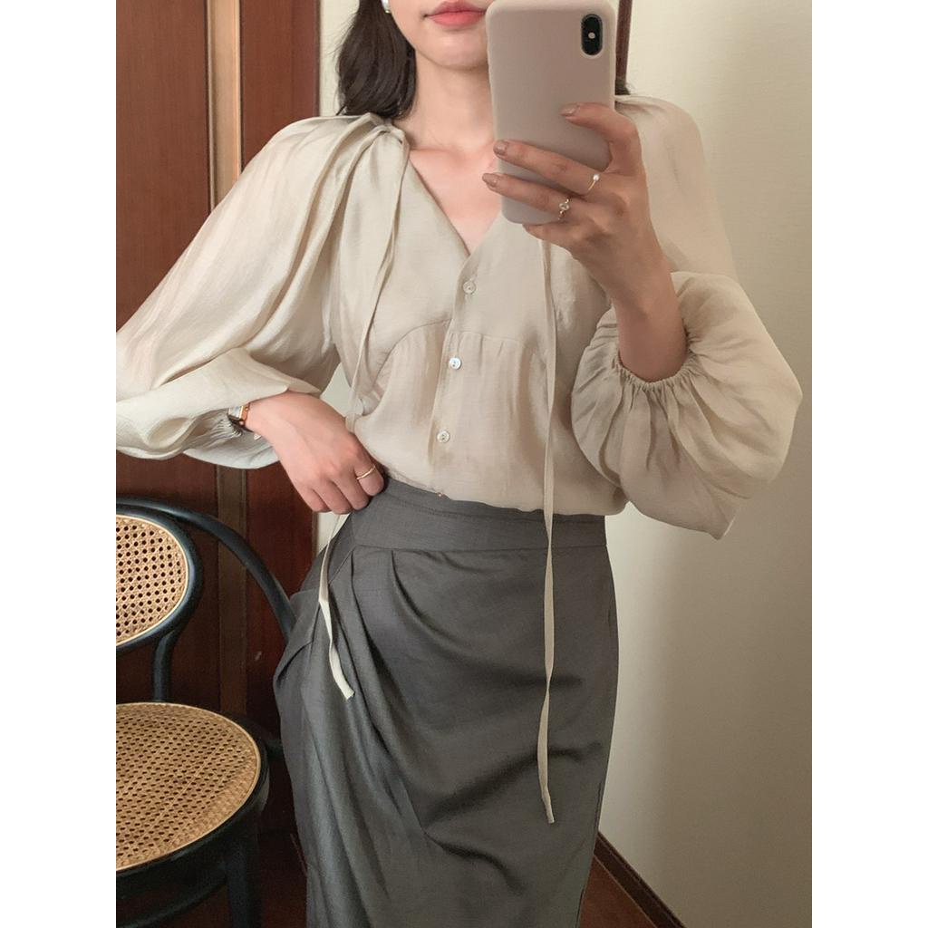 Áo Sơ Mi Cổ V Dáng Rộng Xẻ Tà Thời Trang 60943