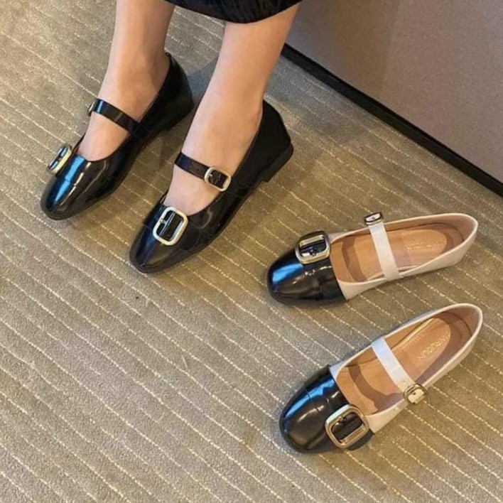 Giày bệt nữ ❤️FREESHIP❤️ Bệt Da Trơn Khuy Vuông Quai Ngang