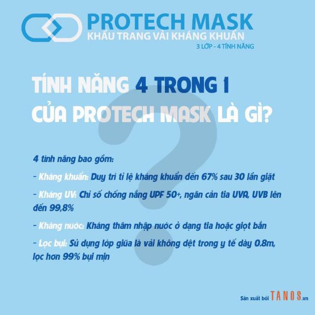 Khẩu Trang Vải Kháng Khuẩn 3 Lớp Cao Cấp Protech Mask Màu Trắng Chống Khói Bụi Và Tia UV Thấm Hút Thoáng Mát Gói 1 Cái