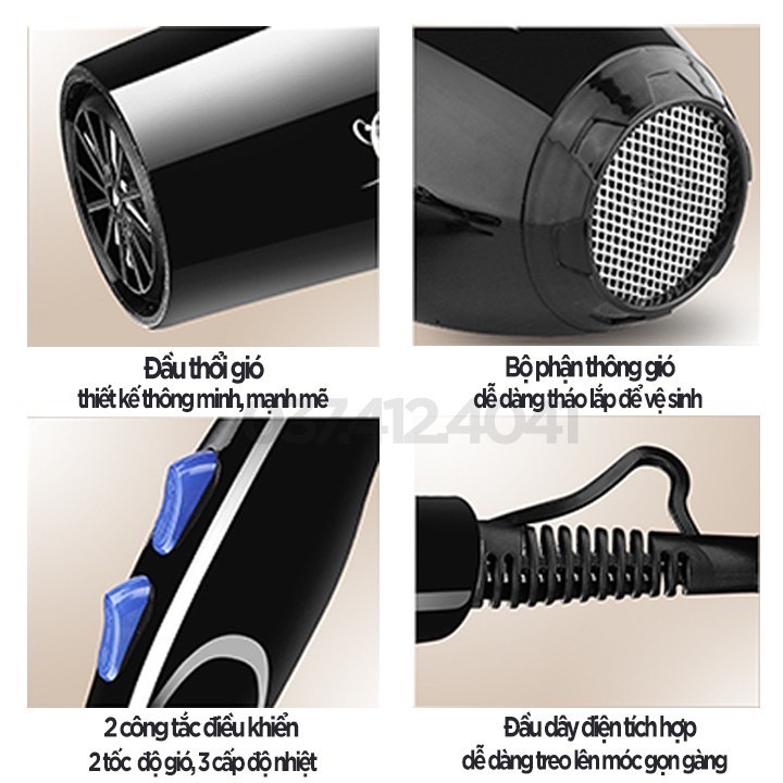 Máy sấy tóc tạo kiểu Deliya DLY-8020 công suất lớn 2200W, tặng 5 phụ kiện, Bảo hành 12 Tháng - XUKI MART
