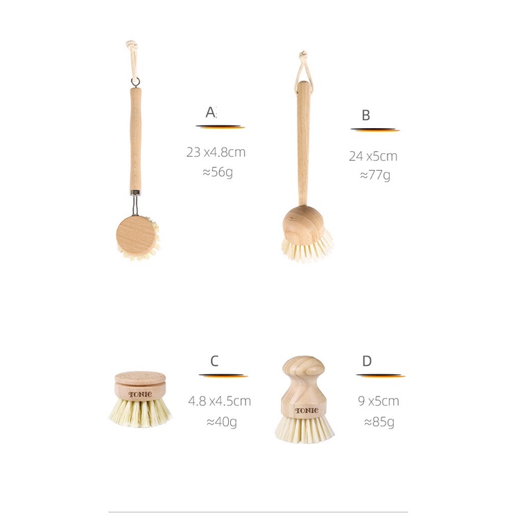 Bàn chải cán gỗ tự nhiên đa năng Brush Wood-Tonic Home hàng chính hãng dùng cho nhà bếp, nhà tắm