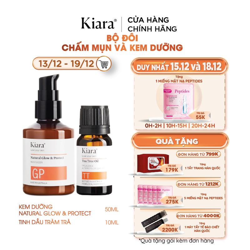 Bộ đôi Chấm mụn Tea Tree Oil 10ml và Kem dưỡng ẩm phục hồi da Kiara Natural Glow & Protect