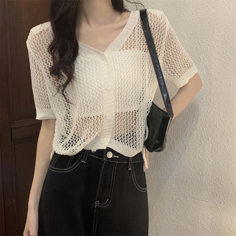 【ZHELIHANGFEI】Áo Cardigan Dệt Kim Tay Ngắn Dáng Rộng Phối Dây Rút Thời Trang Dành Cho Nữ