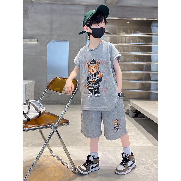 Bộ đồ bé trai Con Xinh cotton sát nách hình in GẤU SOLO,thời trang mùa hè dành cho trẻ em từ 4 đến 10 tuổi