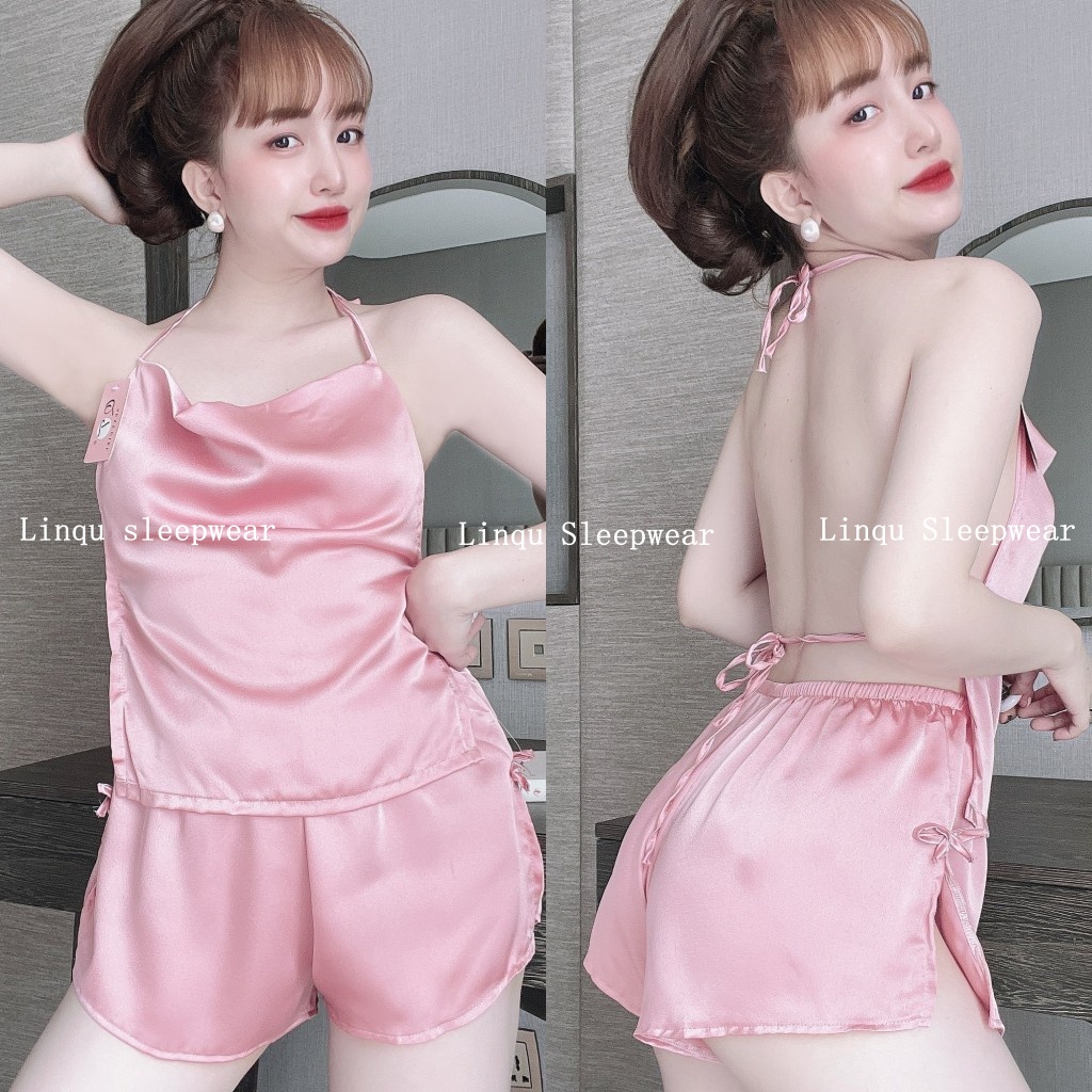 Yếm ngủ sexy cột dây lưng gợi cảm chất satin mặc ngủ thoải mái Freesize dưới 60kg - Linqu Sleepwear