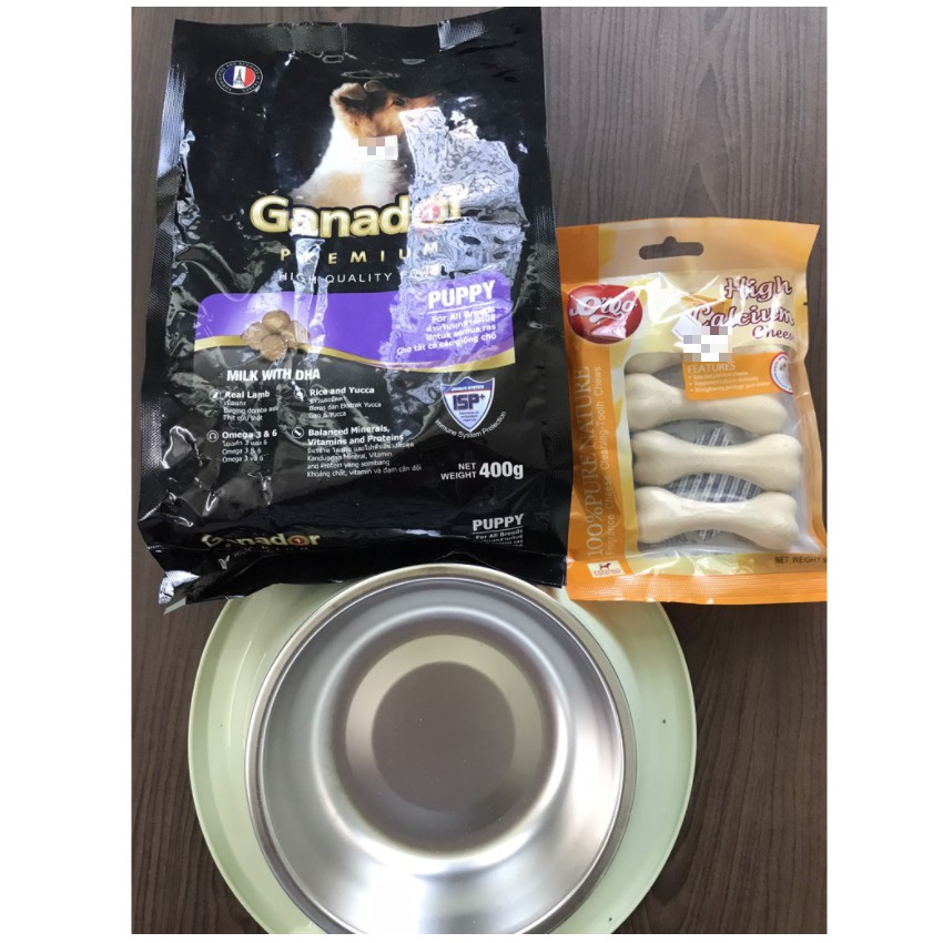 THỨC ĂN HẠT CHÓ Ganador Puppy Premium 400g + Khay ăn inox rời + Xương ngậm thơm miệng cho chó COMBO SIÊU ƯU ĐÃI