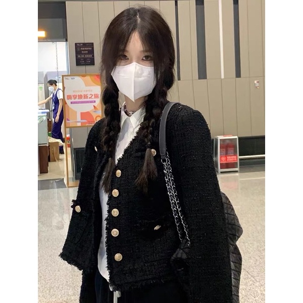 Áo Khoác Tweed Tay Dài Dáng Ngắn Đan Lấp Lánh