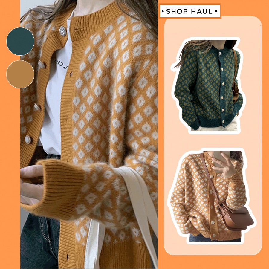 Áo len khoác ngoài Cảdigan len nữ retro hoạ tiết quả trám hai màu xanh, vàng Shop Haul - AC-G02
