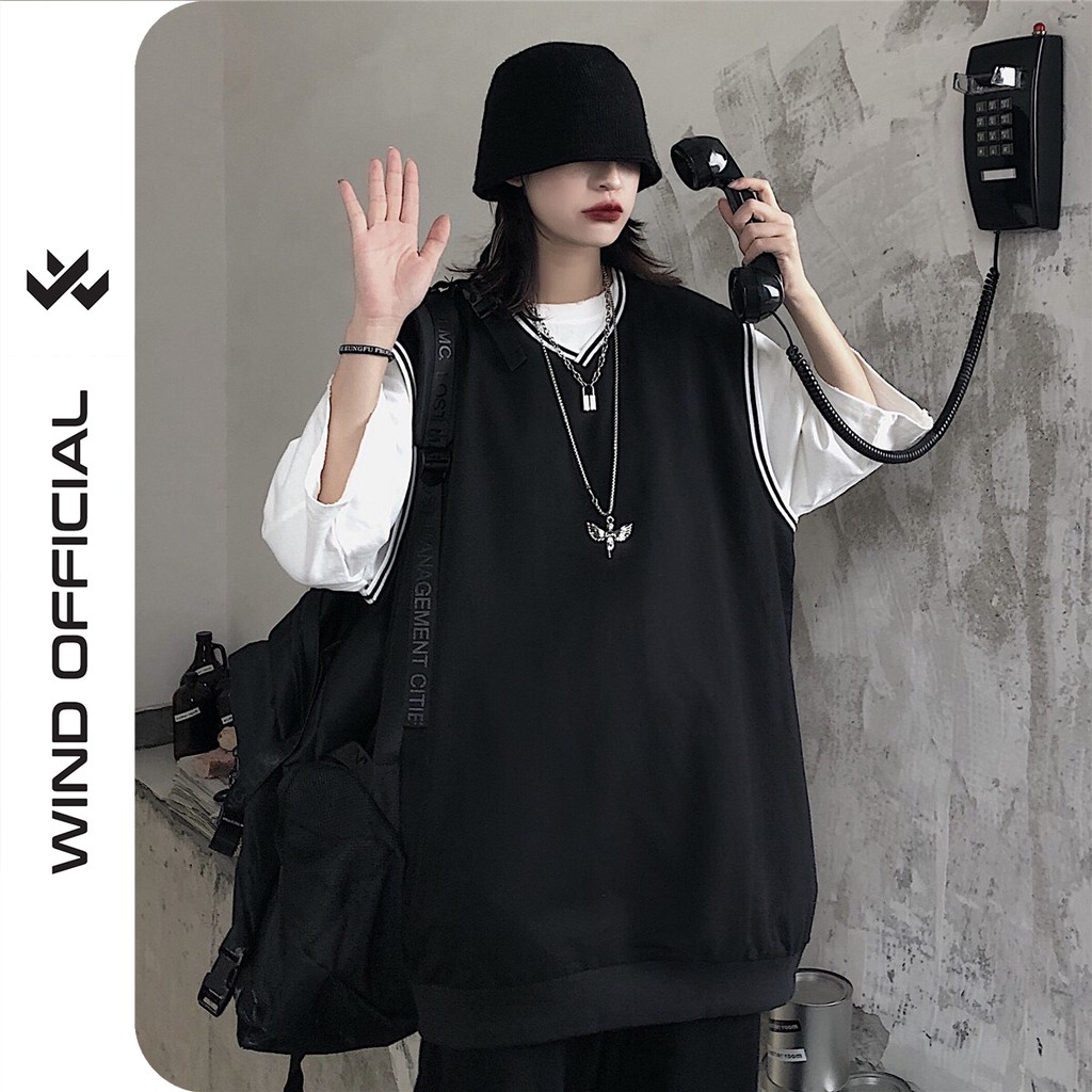 Set áo gile WIND Trơn mix áo phông tay lỡ Trắng form rộng unisex phong cách ulzzang