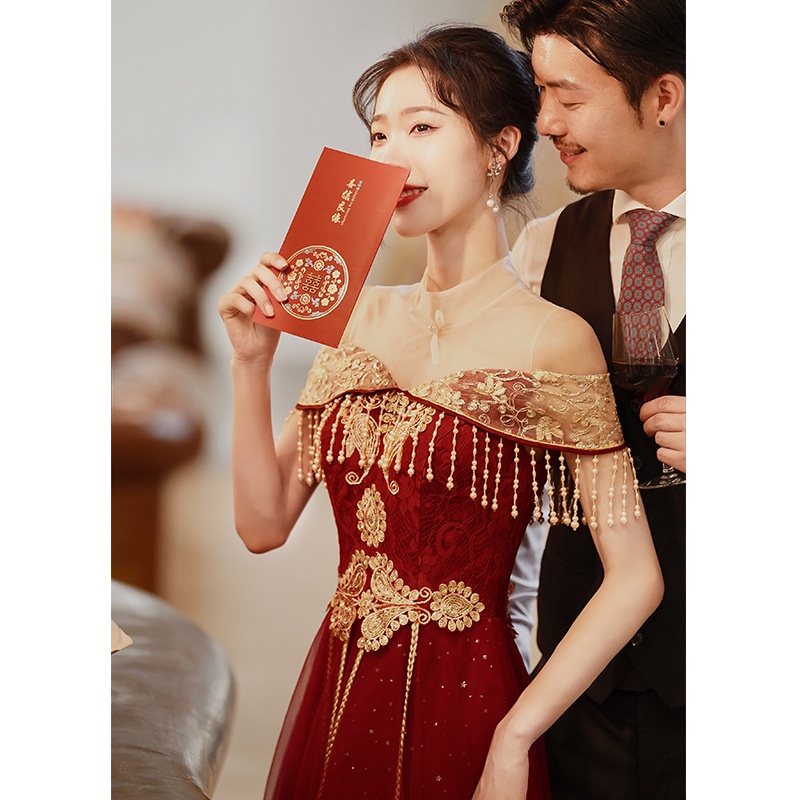 Đầm Dự Tiệc Dáng Dài Màu Đỏ Phong Cách Trung Hoa Mới