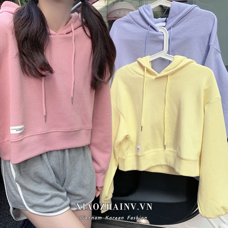 Xiaozhainv Áo hoodie dáng ngắn tay dài màu trơn thoải mái thời trang cho nữ | BigBuy360 - bigbuy360.vn