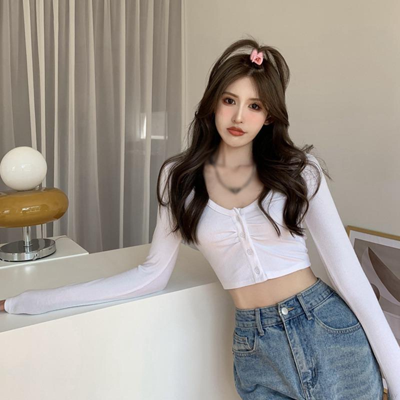 Áo Croptop Dệt Kim Tay Dài Màu Sắc Đơn Giản Phong Cách Hàn Quốc