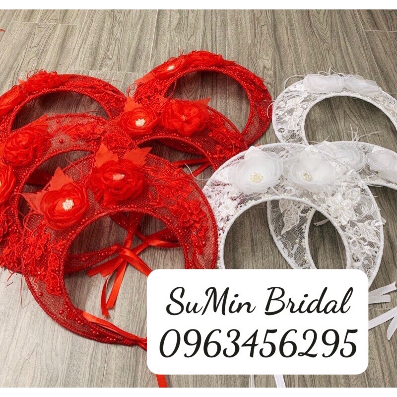 Mấn Đội Đầu Vành Ren Đính Hoa Nổi Và Lông Vũ_Mấn Đội Đầu Cô Dâu Siêu Xinh