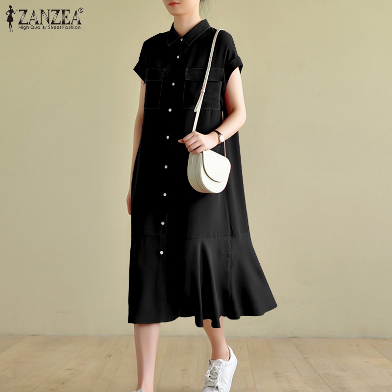 Đầm midi Zanzea tay ngắn màu trơn viền nhún bèo phong cách cổ điển cho nữ